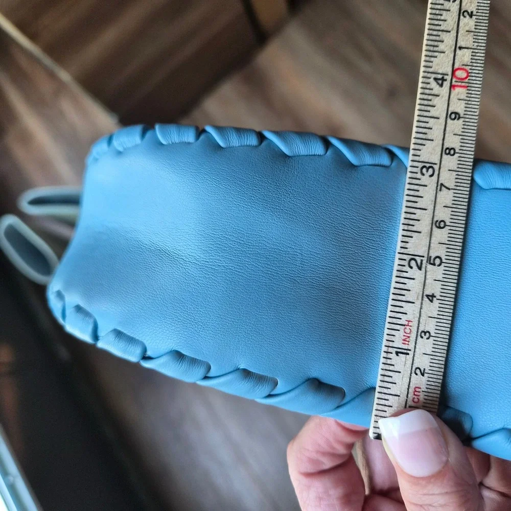 Jules‎ Kae Blue Vegan Leather Crescent Crossbody Bag Whipstitch Trim Gold PETA